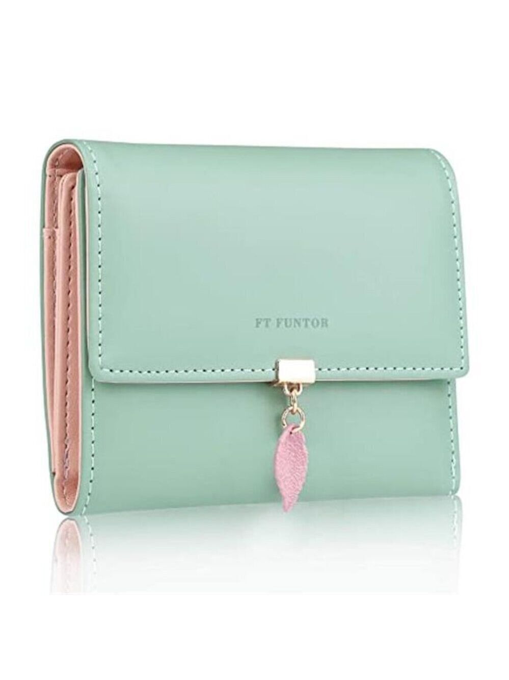 Leaf Trifold Wallet Light Blue RFID Zipper Pocket Ladies